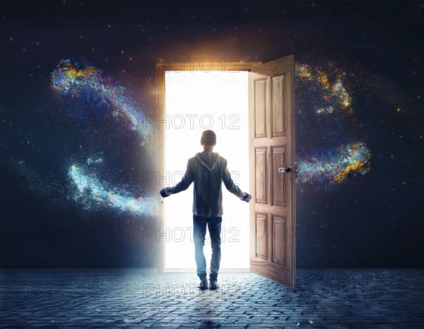 Man walking to new better world of hope and bright future, AI generated