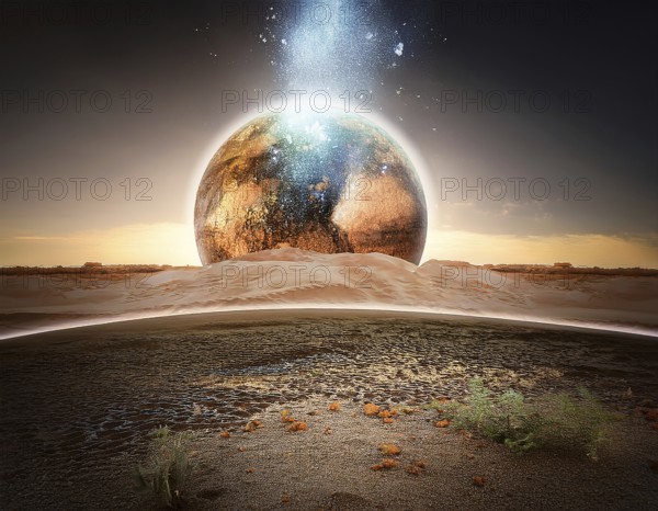A surreal image of man walking on a boardwalk toward a large depiction of Earth surrounded by clouds, symbolizing aspiration, unity, and global connection, with a serene and dreamlike ambiance, AI generated