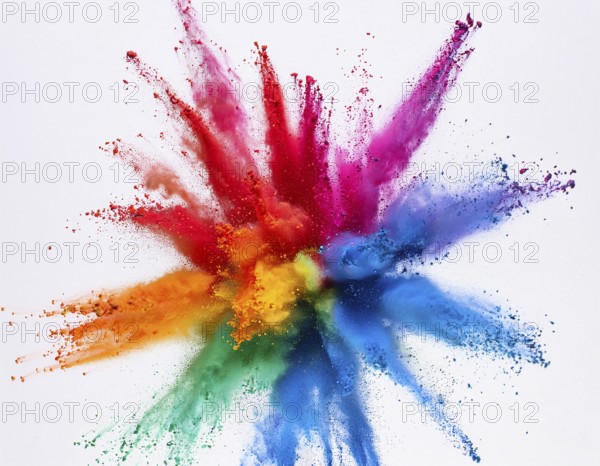 A colorful explosion powder on white background.. Multicolored powder explosion, AI generated
