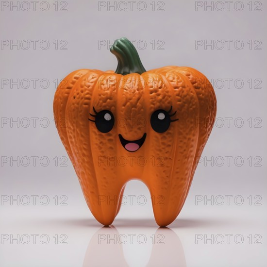 Isolated pumpkin tooth features a cheerful smiley face, perfect for Halloween festivities. Its vibrant orange color and playful design add a whimsical touch to seasonal decor. AI generated