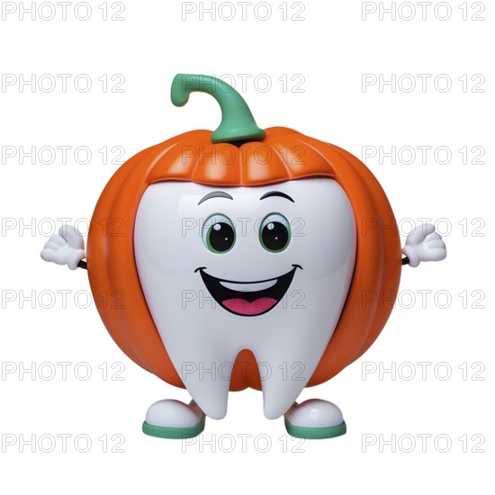 A cartoon tooth character dressed as a pumpkin with a friendly smile and open arms. AI generated