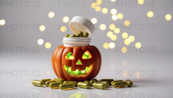 A jack o lantern shaped bottle glows softly, revealing green phyto vitamin pills inside. The warm blurred lights create a festive atmosphere perfect for autumn celebrations. AI generated