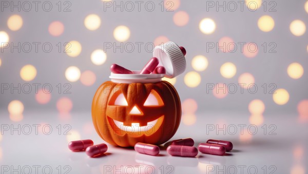 A jack o lantern shaped bottle sits on a smooth surface, overflowing with pink pills. Soft, warm lights create a festive atmosphere, highlighting the unique design and vibrant colors of the scene. AI generated