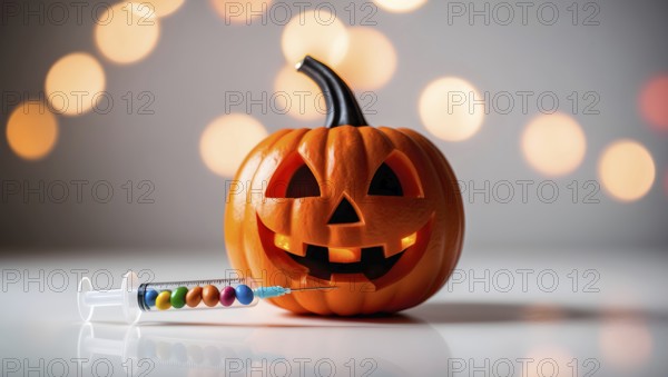 A carved jack o lantern displays a spooky grin, with a syringe filled with colorful candies resting beside it. The background is softly illuminated with blurred lights, enhancing the festive mood. AI generated