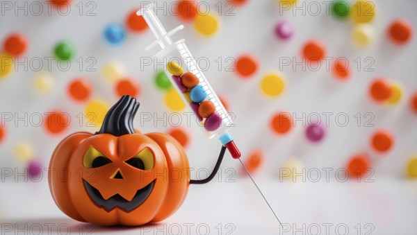 A jack o lantern with a mischievous grin is holding a syringe filled with vibrant candy pills. The backdrop features colorful candy dots, creating a festive Halloween atmosphere. AI generated