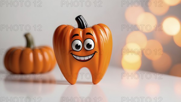A smiling cartoon tooth with pumpkin features against a blurry light background, evoking a festive Halloween atmosphere. AI generated