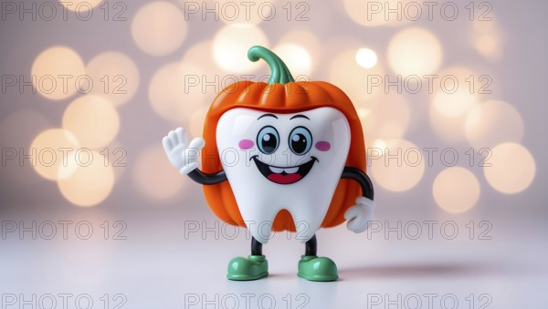 A white cartoon tooth character with a smiley face, arms, and legs, dressed as an orange pumpkin, smiling and waving with a bokeh background. AI generated