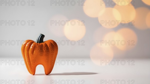 This festive piece features an orange pumpkin-shaped tooth set against a neutral background, illuminated by warm, blurred lights, perfect for a Halloween dental theme. AI generated