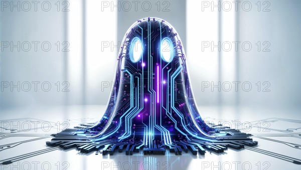 A futuristic ghost with a glowing circuit pattern on a circuit board in a white room. AI generated