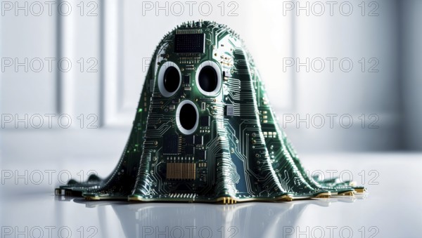 A circuit-patterned ghost with large eyes on a bright white background. AI generated