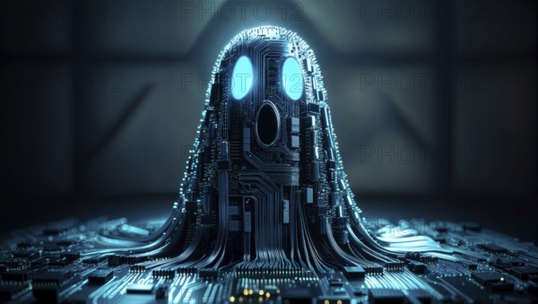 A glowing blue ghost with a circuit-like appearance on a hardware circuit board against dark background. AI generated