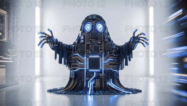 A cyber ghost made of circuit board materials stands in a modern server room. Its glowing blue features give a haunting yet technological appearance. AI generated