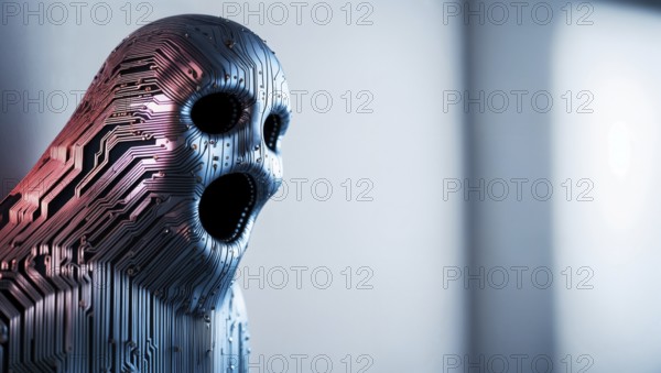 A cyber ghost man, ghostly figure with hollow eyes and mouth, made of circuit patterns stands silently in a modern room. AI generated