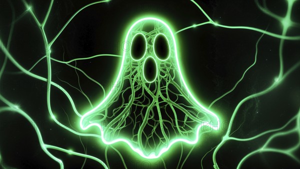 A glowing neon green ghost surrounded by connecting wires against a dark background, creating an eerie atmosphere. AI generated