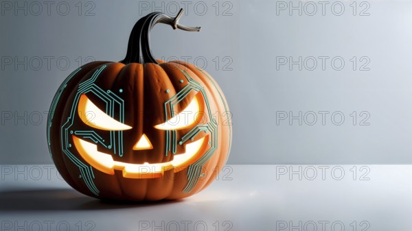 A futuristic Jack-o'-lantern with circuit patterns emitting a glowing digital aura on a sleek surface. AI generated