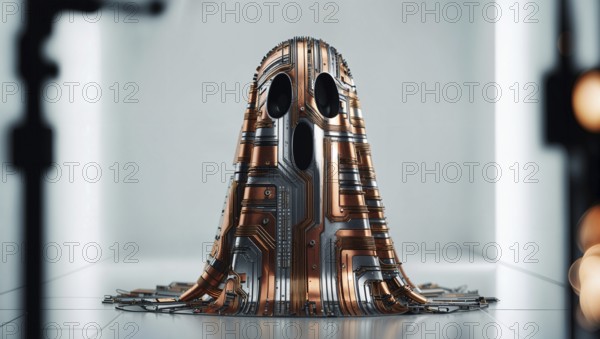 A circuitry ghost with metallic copper circuits standing on a reflective surface. AI generated