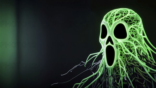 Ghost figure made of black and neon green wires against dark background with space for text. AI generated