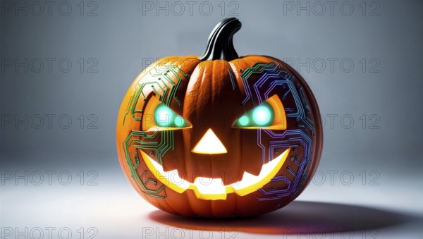 A glowing jack-o-lantern with a circuit design on its surface. AI generated