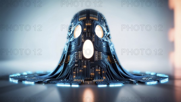 A circuit patterned ghost glowing in blue on a light background. AI generated