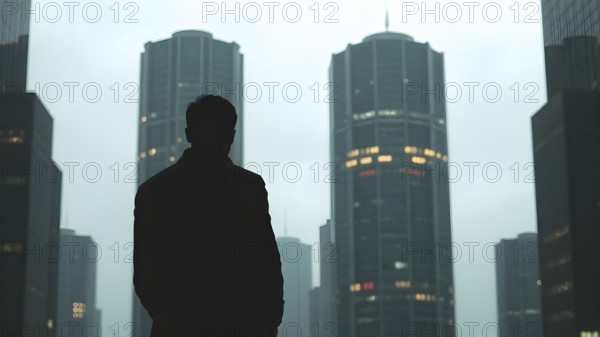Man silhouette with modern cityscape art print, symbolizing reflection, ambition, and journeys within urban life, AI generated