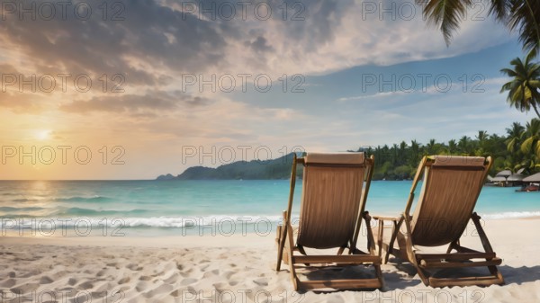 Pair of beach chairs seaside art print, holiday concept poster symbolizing companionship, relaxation, and ocean tranquility, AI generated