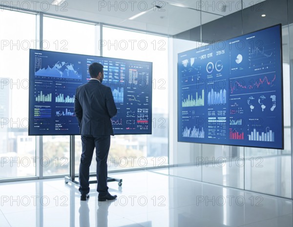 A businessman reviewing financial data on digital screen, representing investment planning, corporate growth, and strategic success, AI generated
