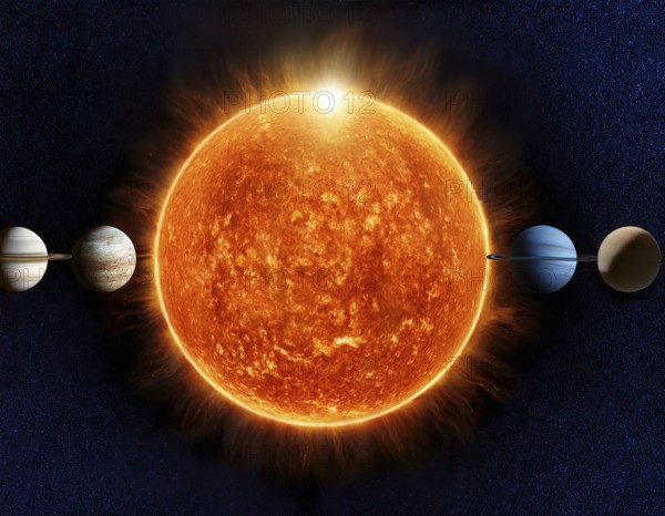 A solar system concept image displaying planets aligned in orbit, symbolizing astronomy, cosmic harmony, and universal beauty, AI generated