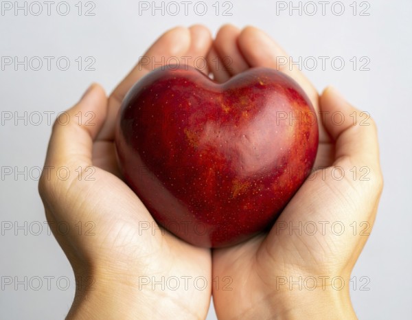 Close-up of hands holding heart-shaped fruit, symbolizing healthy lifestyle, love, nutrition, wellness, and natural care, AI generated
