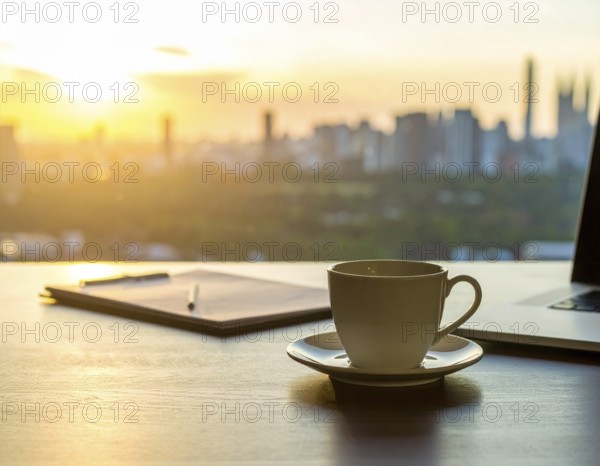 A laptop computer on an office desk, symbolizing modern workspace, remote work, digital technology, and productivity, AI generated