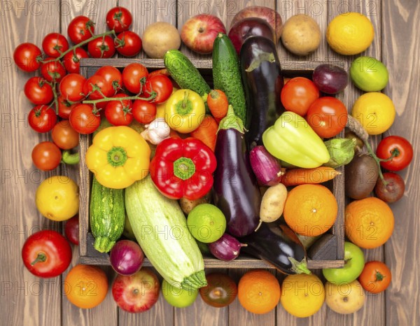 Fruit and vegetables concept image showcasing fresh colorful produce, symbolizing healthy eating, organic nutrition, and natural lifestyle, AI generated