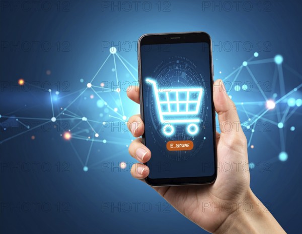 Hand holding smartphone glowing shopping cart icon poster symbolizing online shopping, e-commerce, and futuristic digital commerce, AI generated