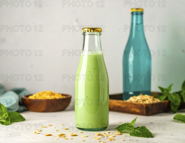 Green smoothie in glass jar with straw and fruits, symbolizing health, wellness, nutrition, and natural lifestyle, AI generated