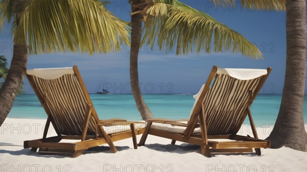 Pair of beach chairs seaside art print, holiday concept poster symbolizing companionship, relaxation, and ocean tranquility, AI generated