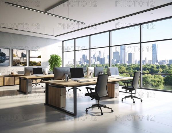 Modern coworking space with laptops, coffee cups, and plants in daylight, reflecting creativity, teamwork, and productivity, AI generated