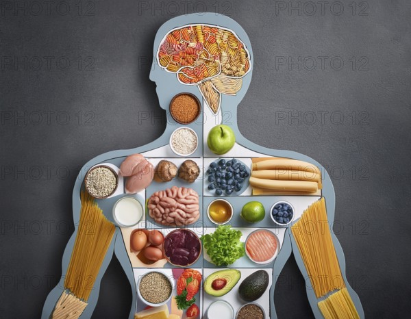 Creative concept showcasing a human silhouette filled with a variety of nutritious foods including fruits, vegetables, grains, and nuts on a grey backdrop, AI generated