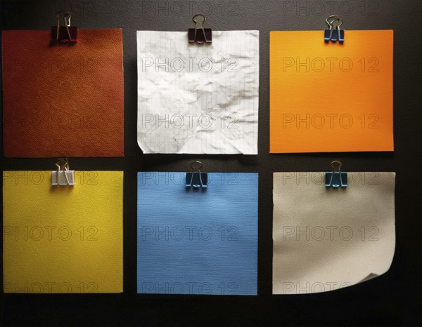 An arrangement of colorful square paper sheets held by binder clips, placed on a dark surface, showcasing organization, creativity, and design concepts, AI generated