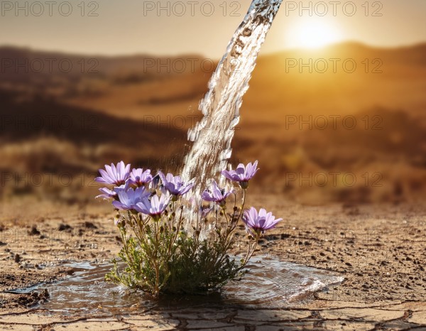 Symbolizing hope and resilience, a flower thrives in a dry desert landscape, nourished by water from supportive hands amidst a barren environment, representing growth despite adverse conditions, AI generated
