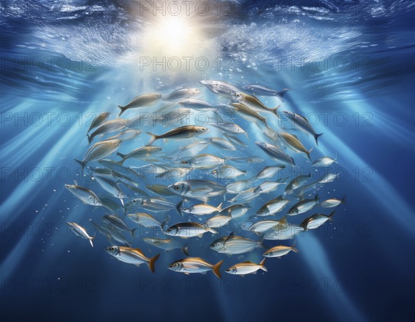 Vivid underwater view of a fish school forming a natural pattern in clear blue ocean water, illuminated by sunlight streaming from above. A peaceful and mesmerizing aquatic scene showcasing marine biodiversity, AI generated