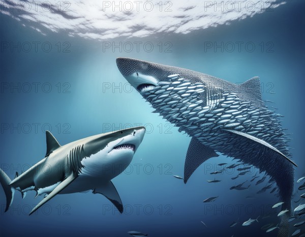 Dramatic underwater depiction of a shark observing a dense school of fish in clear, light-filled ocean waters, portraying marine life interaction and illustrating an ecosystem moment, AI generated