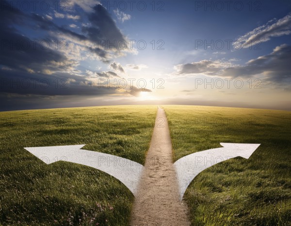 Directional Signpost at Forked Path Illustrating Decision and Choices in Nature, AI generated