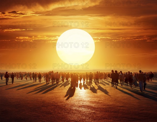 A group of individuals walks along the ground, silhouetted by a large setting sun, creating a dramatic and warm composition, AI generated