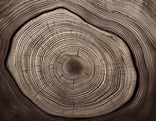 Detailed view of a tree cross-section highlighting its growth rings. Ideal for illustrating concepts of time, nature, or organic patterns, and can be used in educational or environmental projects, AI generated