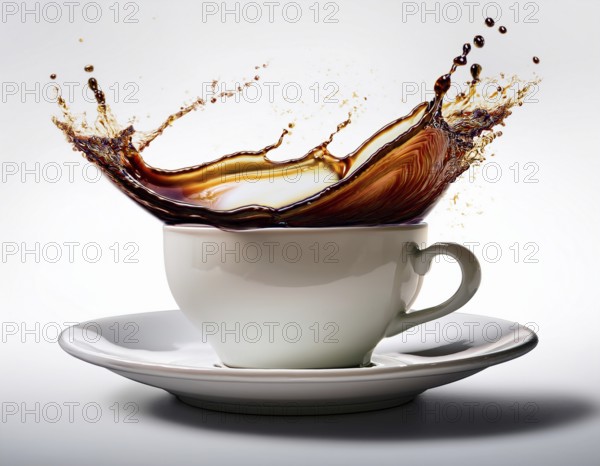 A visually dynamic splash of coffee leaping out of a sleek white cup, embodying energy and motion in a contemporary and artistic style, perfect for conceptual imagery or beverage-themed designs, AI generated