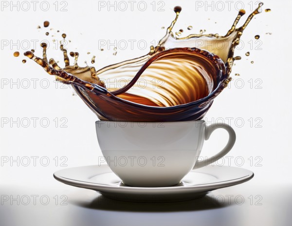A visually dynamic splash of coffee leaping out of a sleek white cup, embodying energy and motion in a contemporary and artistic style, perfect for conceptual imagery or beverage-themed designs, AI generated