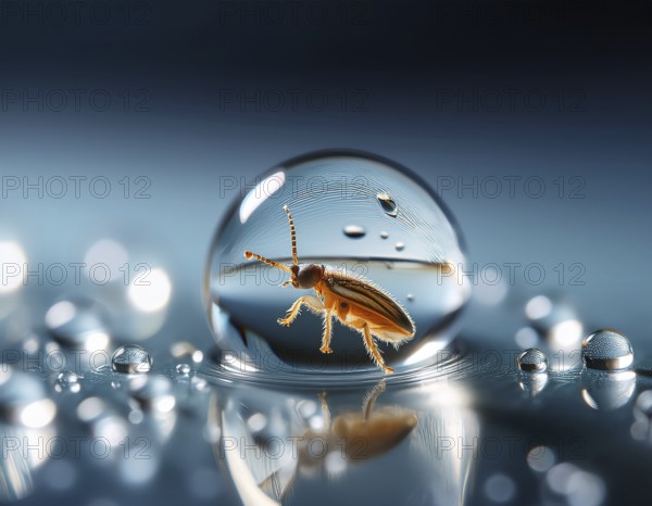 A close-up artistic depiction of a insect inside a water droplet, floating on ripples. Evoking notions of nature's beauty, tranquility, and delicate life forms, AI generated