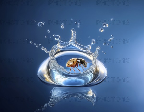 A close-up artistic depiction of a insect inside a water droplet, floating on ripples. Evoking notions of nature's beauty, tranquility, and delicate life forms, AI generated