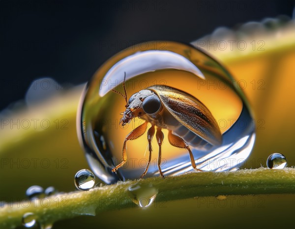 A close-up artistic depiction of a insect inside a water droplet, floating on ripples. Evoking notions of nature's beauty, tranquility, and delicate life forms, AI generated