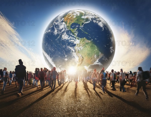 A diverse group of people walk toward a glowing depiction of Earth, symbolizing global unity. The image emphasizes humanity's collective movement towards a shared and brighter future, AI generated