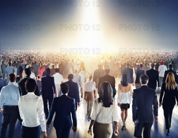 A group of individuals walks along the ground, silhouetted by a large setting sun, creating a dramatic and warm composition, AI generated