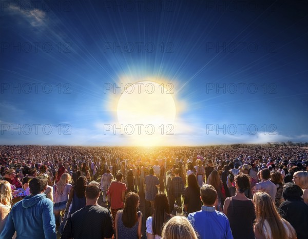 A group of individuals walks along the ground, silhouetted by a large setting sun, creating a dramatic and warm composition, AI generated